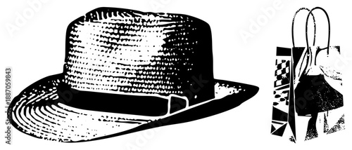 Vintage Straw Fedora Hat with Shopping Bag Silhouette