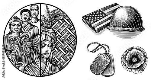 Vintage Woodcut Style Memorial Symbols for Veterans Day