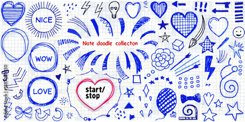 Hand drawn doodles and sketches collection on lined notebook paper background