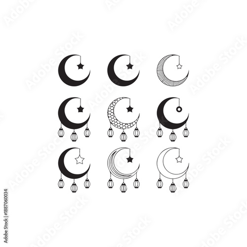 Islamic Crescent Lantern Ornament Icon Set
