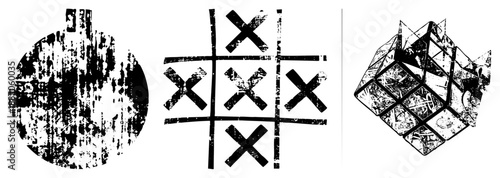 Grunge Textured Circular, Tic Tac Toe Grid, and Isometric Puzzle Cube