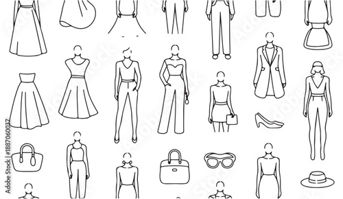 Fashion clothing and accessories outline icon set