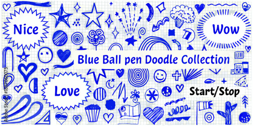 Blue doodle art collection featuring stars hearts and handwritten text elements