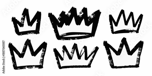 A collection of six hand drawn black crown illustrations on a white background