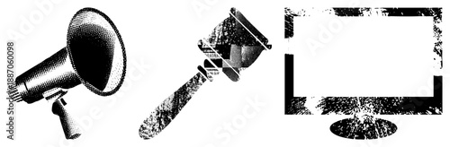 Megaphone Gavel Monitor Symbols Representing Public Speaking Justice