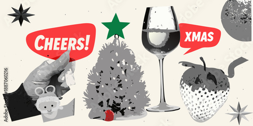 Festive collage with christmas tree wine glass cheers message and holiday decorations