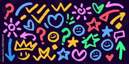 Colorful doodle art with question marks hearts and various playful symbols