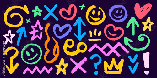 Colorful doodle art featuring hearts stars smiley faces and various playful symbols