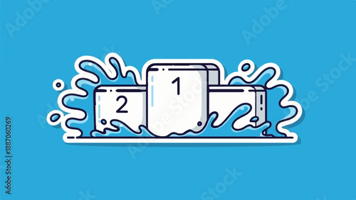 A cartoon podium with water splashing around it, numbered 1 and 2