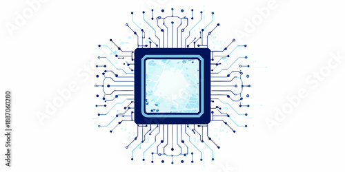 A digital circuit board with a central microchip depicted in blue tones