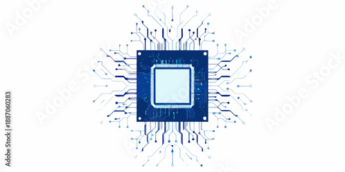 A digital circuit board with a central processor component highlighted