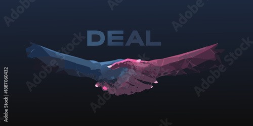 A polygonal handshake illustration with the word deal prominently displayed
