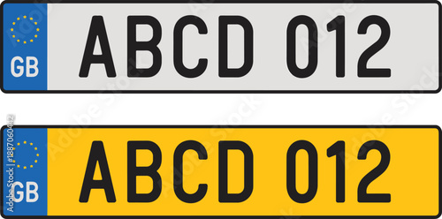 UK car license plate vector illustration set, European vehicle registration number plates with GB symbol, realistic road transport design isolated on white