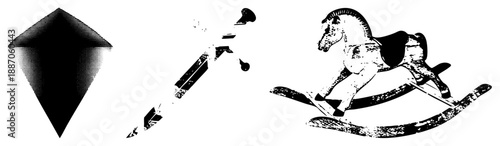 Vintage Rocking Horse Toy with Halftone Texture and Geometric Shapes