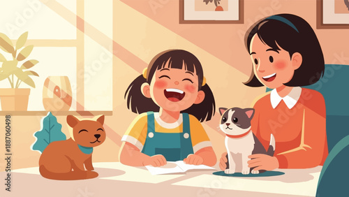 A cheerful child and woman with cats enjoy a sunlit moment indoors