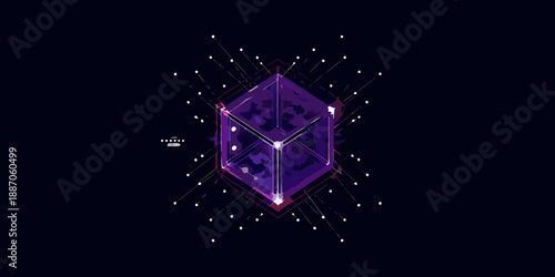 A glowing purple isometric cube with connecting lines against a dark background