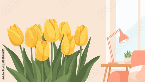 A cheerful room featuring a bouquet of vibrant yellow tulips and a cozy seating area