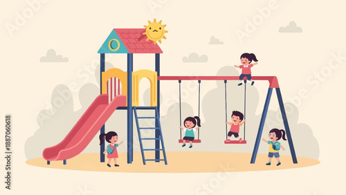 A cheerful playground scene with children enjoying swings and a slide under a smiling sun