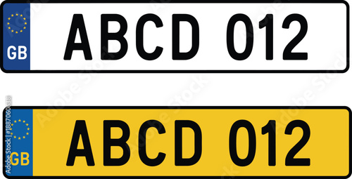 UK car license plate vector set, British vehicle registration number plates with EU GB symbol, white and yellow designs isolated on white background