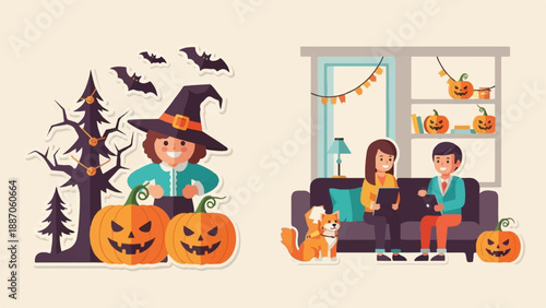 A cheerful witch with pumpkins and bats, and people with dog celebrating Halloween