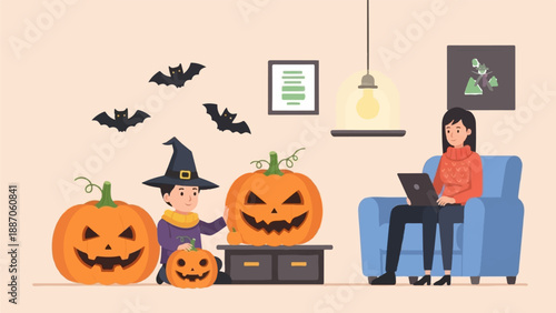 A child in a witch hat carves pumpkins while a woman uses a laptop indoors