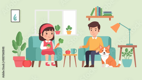 A child, man, and dog relax in a cozy living room