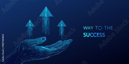 A hand holding rising polygonal arrows symbolizing progress and the path to success