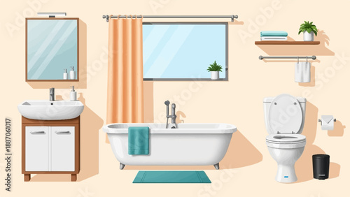 A clean, bright bathroom with a sink, bathtub, toilet, and window