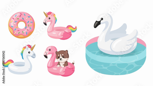 A collection of inflatable pool toys and a donut on a white background