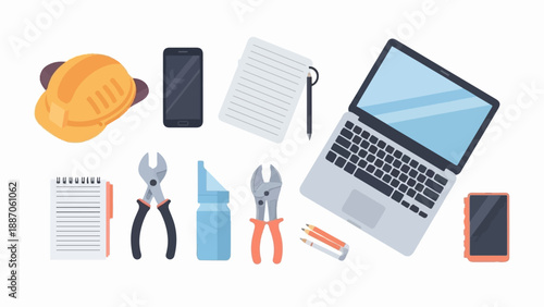 A collection of items for work and repair, including tools, a laptop, and phones