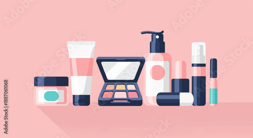 A collection of makeup and skincare products arranged on a pink background