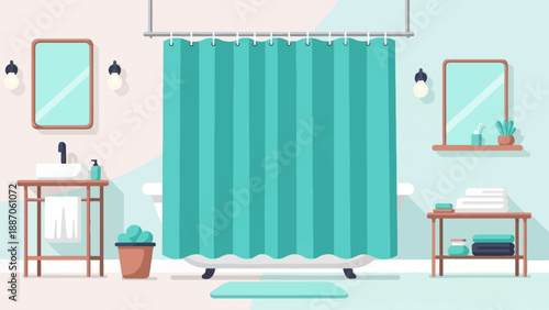 A clean, bright bathroom with a teal shower curtain and modern fixtures