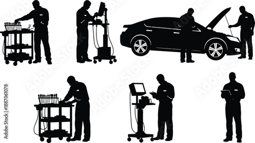 Auto mechanic silhouette set isolated on white background showing car repair diagnostics maintenance workshop service illustration collection professional automotive industry