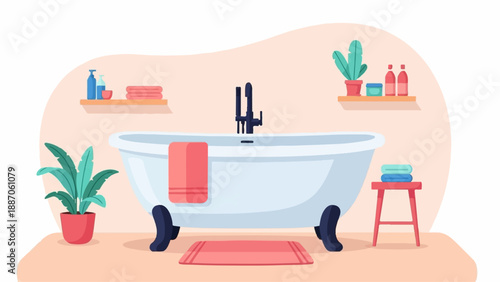 A clean, modern bathroom with a freestanding tub, plants, and towels