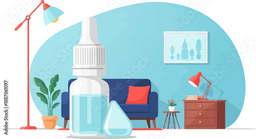 A clear dropper bottle with liquid stands in a cozy room