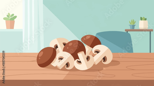 A collection of sliced and whole mushrooms displayed on a wooden surface