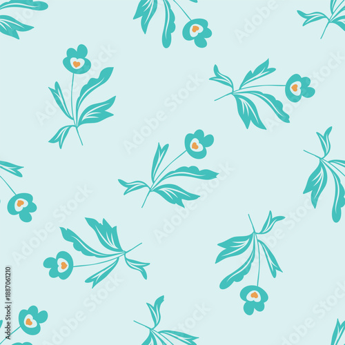 Hand-drawn blue tossed floral seamless vector pattern background. Simple scattered flowers with orange accent on a light blue backdrop. Modern style for baby shower, beach wear, gifting