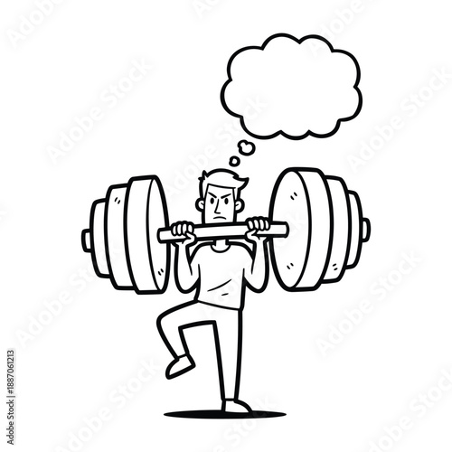 Man lifting heavy weights with thought bubble