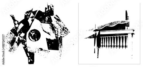 Abstract Black and White Graphic of Fragmented Birdhouse and Balcony Railing