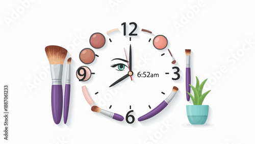A clock face features makeup brushes and cosmetic dots as time markers