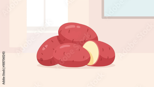 A close-up cartoon illustration of a pile of red potatoes, one cut in half