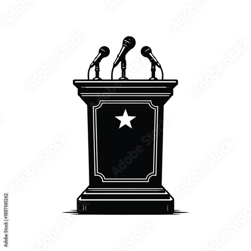 Black Vector Podium with Multiple Microphones Isolated on White
