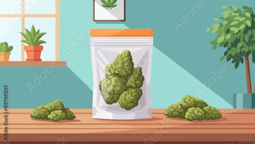 A clear plastic bag and loose buds of cannabis sit on a wooden surface