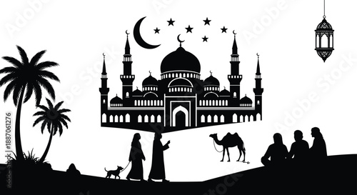 Islamic community scene icon set, mosque, crescent, lantern, camel and people silhouettes - flat vector illustration