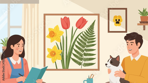 A couple enjoys their pet dog and floral artwork at home