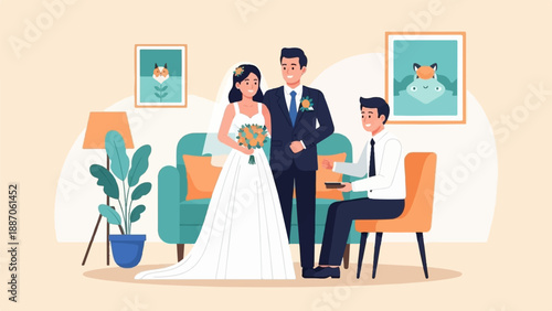 A couple in wedding attire poses with an officiant in a cozy room