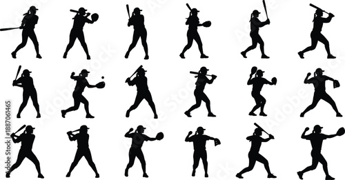 Baseball, softball, player silhouettes, set showing batting throwing fielding actions, isolated black sports figures collection on white background vector illustration