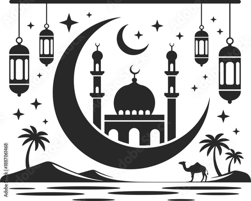 Islamic crescent moon mosque icon set, lanterns, stars, camel and desert symbols for Eid theme - flat vector illustration