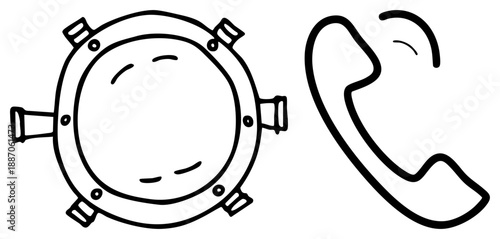 Cartoonish Telephone Receiver and Submarine Porthole with Simple Art
