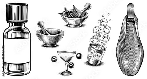 Vintage Cocktail & Herbal Infusion Tools Set with Bottle and Bowling Pin